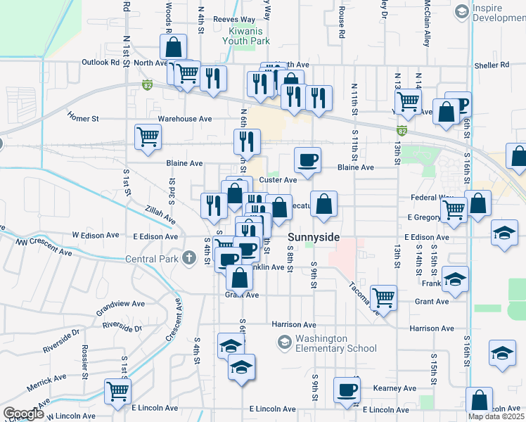map of restaurants, bars, coffee shops, grocery stores, and more near 401 S 7th St in Sunnyside