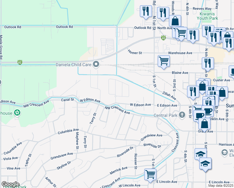 map of restaurants, bars, coffee shops, grocery stores, and more near Maple Ave in Sunnyside