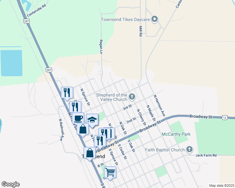 map of restaurants, bars, coffee shops, grocery stores, and more near 315 North Walnut Street in Townsend