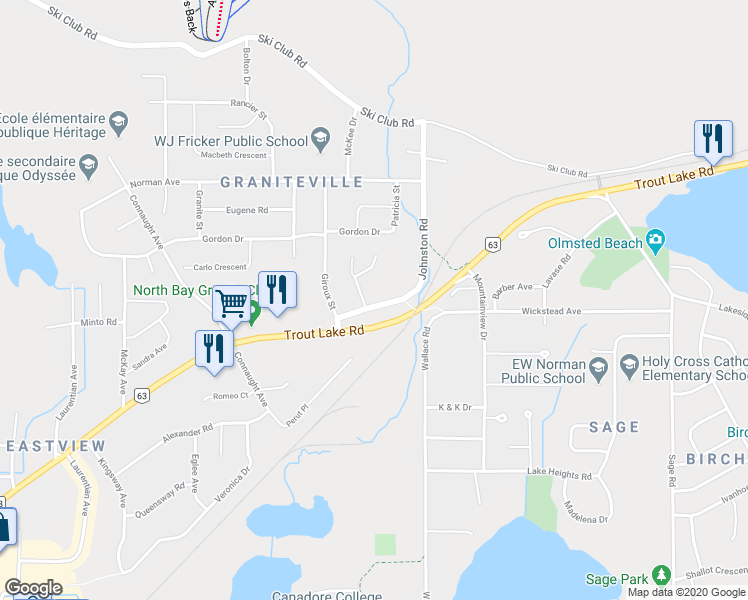 map of restaurants, bars, coffee shops, grocery stores, and more near in North Bay