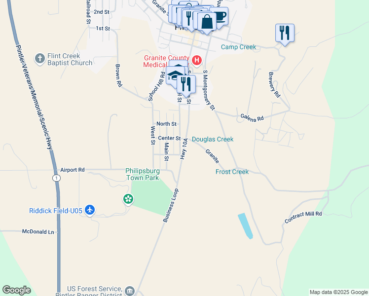 map of restaurants, bars, coffee shops, grocery stores, and more near Highway 10A in Philipsburg