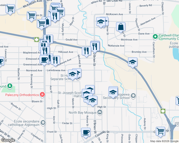 map of restaurants, bars, coffee shops, grocery stores, and more near 353 Lansdowne Avenue in North Bay
