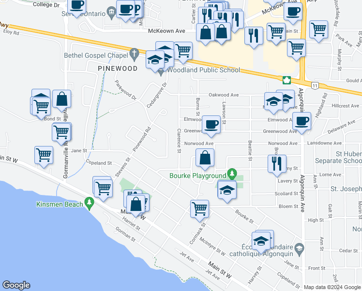 map of restaurants, bars, coffee shops, grocery stores, and more near 898 Clarence Street in North Bay