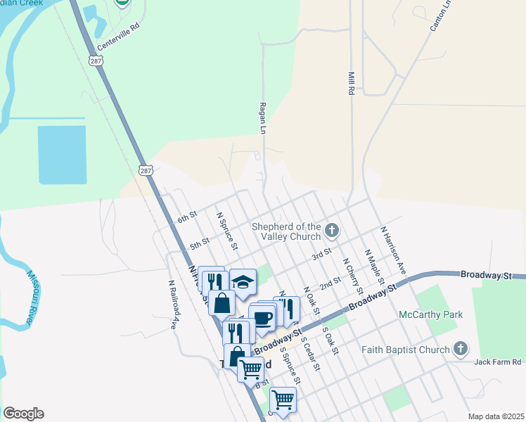 map of restaurants, bars, coffee shops, grocery stores, and more near 502 North Oak Street in Townsend