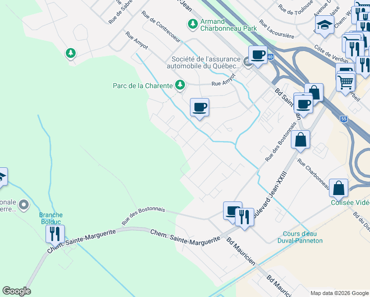 map of restaurants, bars, coffee shops, grocery stores, and more near 6929 Rue de la Bretagne in Trois-Rivières