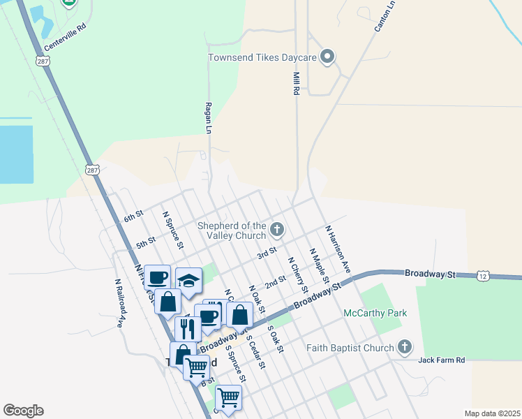 map of restaurants, bars, coffee shops, grocery stores, and more near 406 North Cherry Street in Townsend