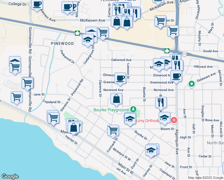 map of restaurants, bars, coffee shops, grocery stores, and more near Burns Street in North Bay