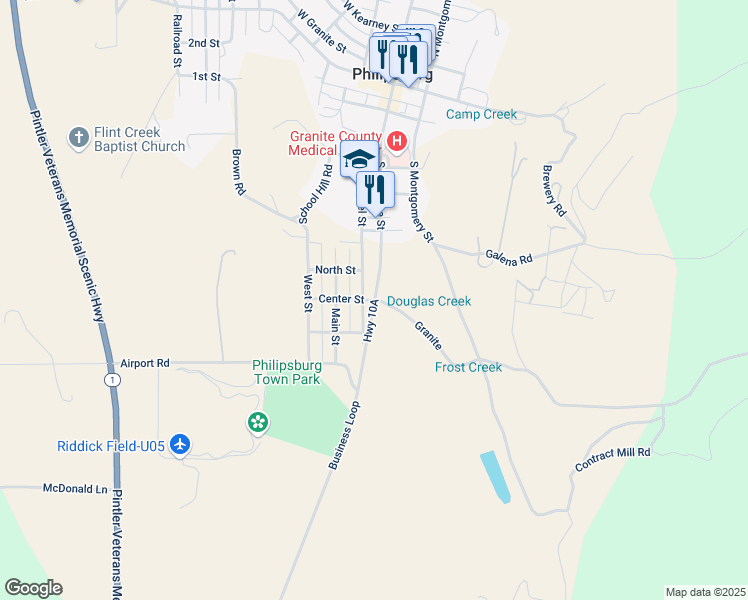 map of restaurants, bars, coffee shops, grocery stores, and more near Highway 10A in Philipsburg