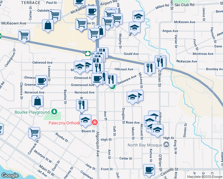 map of restaurants, bars, coffee shops, grocery stores, and more near 123 Delaware Avenue in North Bay
