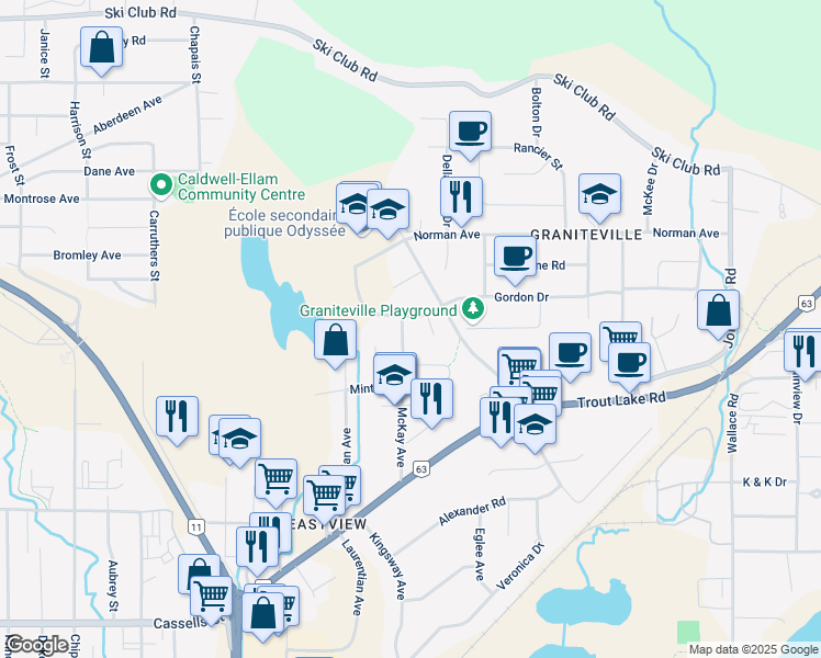map of restaurants, bars, coffee shops, grocery stores, and more near 802 McKay Avenue in North Bay