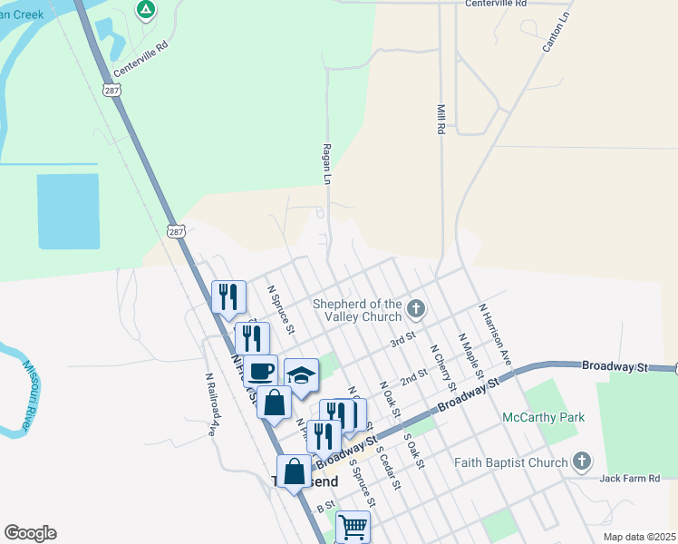map of restaurants, bars, coffee shops, grocery stores, and more near 502 North Oak Street in Townsend