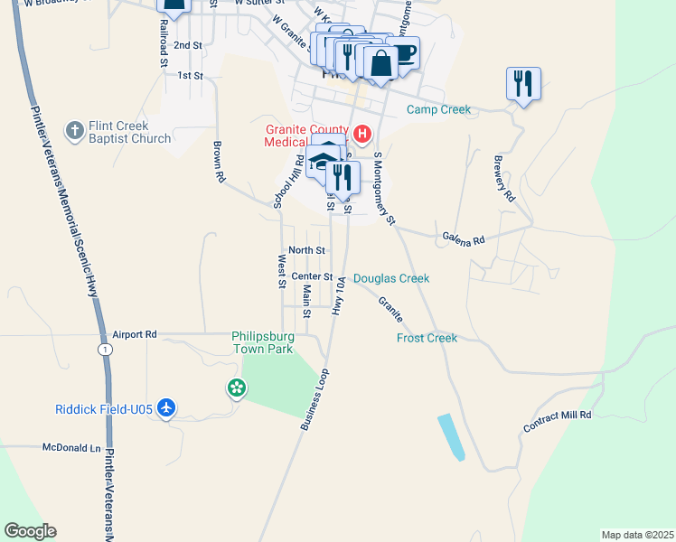 map of restaurants, bars, coffee shops, grocery stores, and more near Highway 10A in Philipsburg