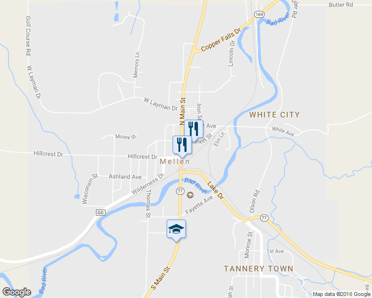 map of restaurants, bars, coffee shops, grocery stores, and more near 108 South Main Street in Mellen