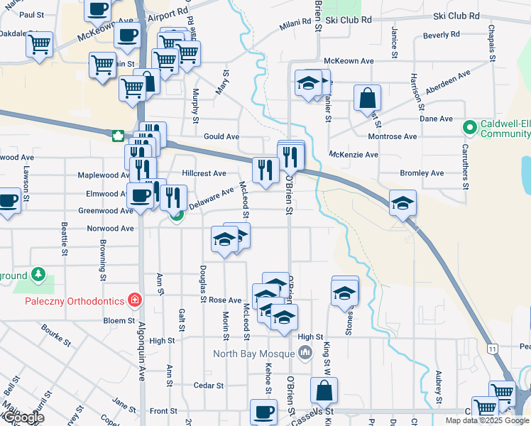 map of restaurants, bars, coffee shops, grocery stores, and more near 331 Hutcheson Avenue in North Bay