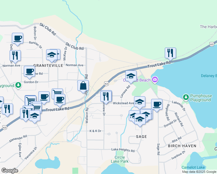 map of restaurants, bars, coffee shops, grocery stores, and more near 2959 Trout Lake Road in North Bay