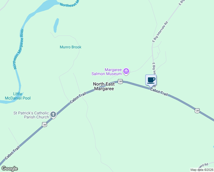 map of restaurants, bars, coffee shops, grocery stores, and more near 0 East Big Intervale Road in North East Margaree
