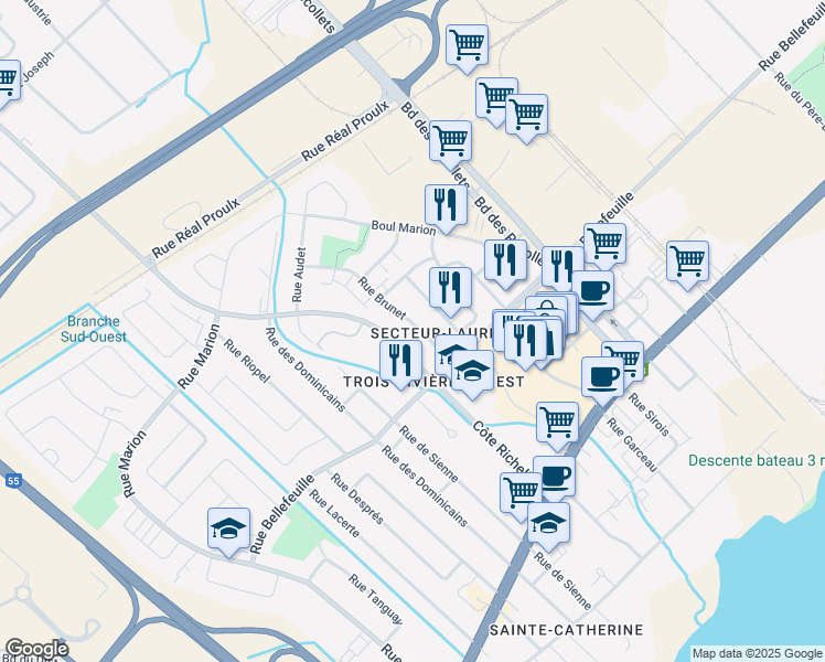 map of restaurants, bars, coffee shops, grocery stores, and more near 665 Rue Brunet in Trois-Rivières