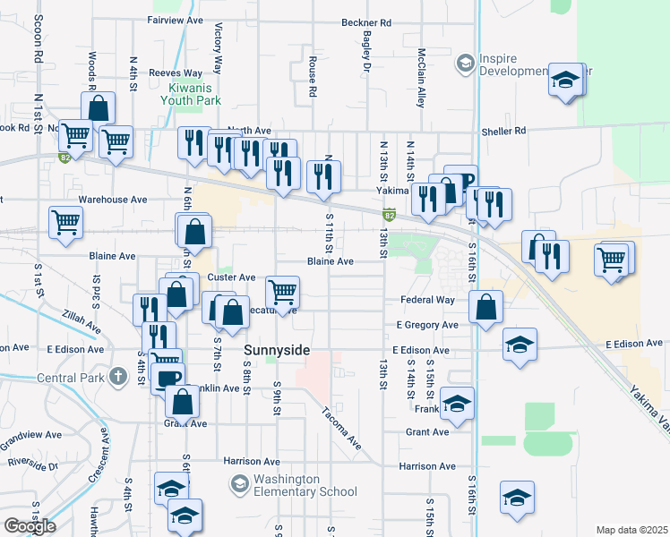 map of restaurants, bars, coffee shops, grocery stores, and more near 300 S 11th St in Sunnyside