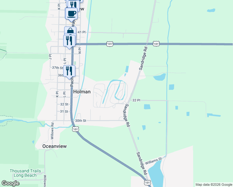 map of restaurants, bars, coffee shops, grocery stores, and more near 3205 Sandridge Road in Ilwaco