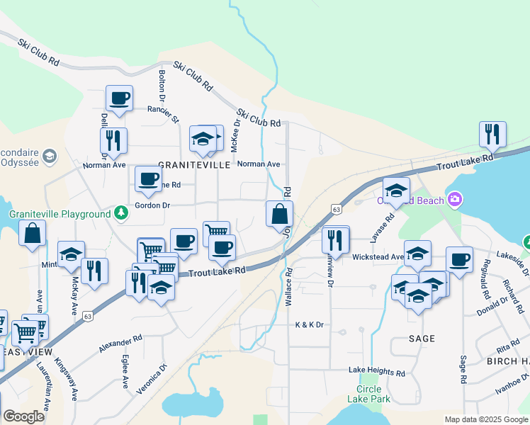 map of restaurants, bars, coffee shops, grocery stores, and more near 161 Lindsay Street in North Bay