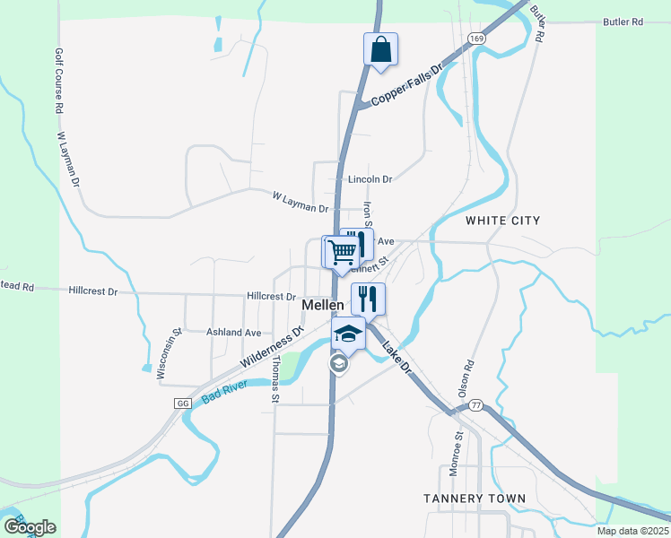 map of restaurants, bars, coffee shops, grocery stores, and more near 108 South Main Street in Mellen