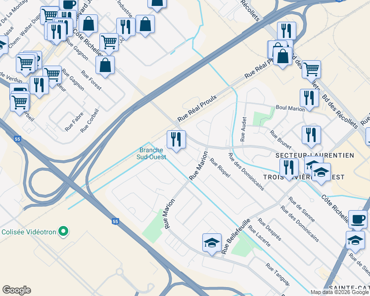 map of restaurants, bars, coffee shops, grocery stores, and more near 1140 Rue Viau in Trois-Rivières