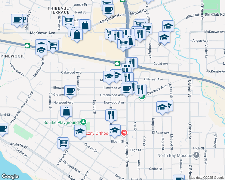 map of restaurants, bars, coffee shops, grocery stores, and more near 159 Elmwood Avenue in North Bay