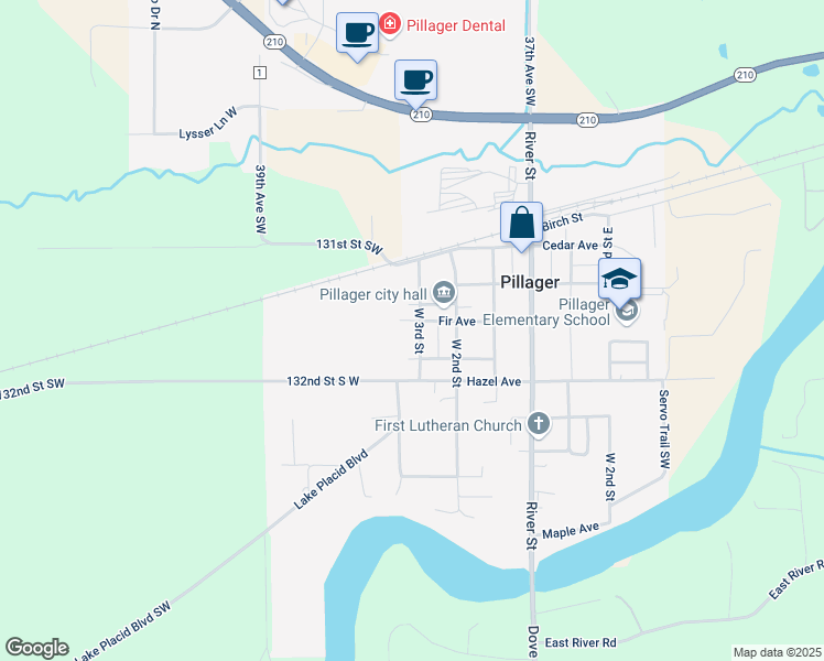 map of restaurants, bars, coffee shops, grocery stores, and more near 324 West 3rd Street in Pillager