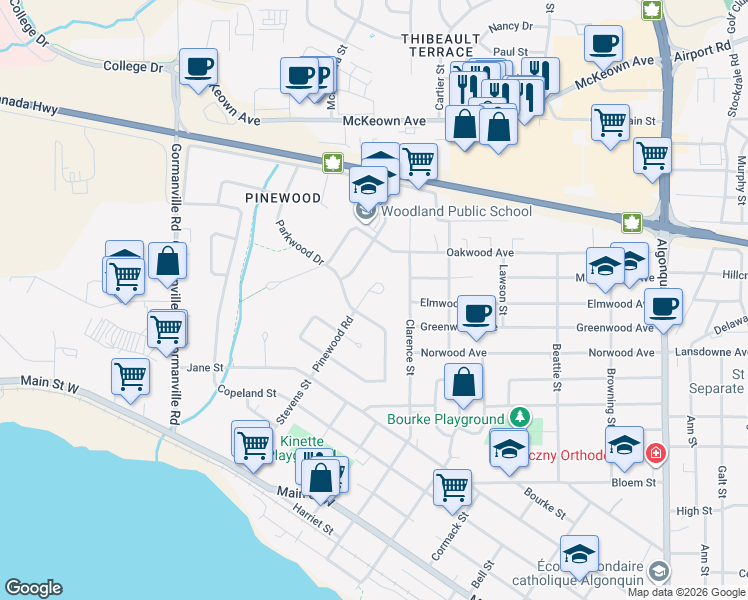 map of restaurants, bars, coffee shops, grocery stores, and more near 944 Pinewood Road in North Bay