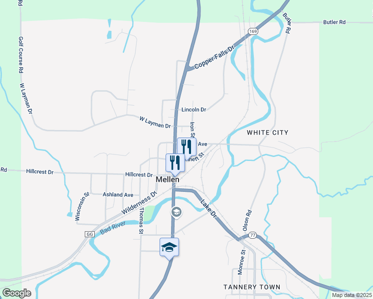 map of restaurants, bars, coffee shops, grocery stores, and more near 128 North Main Street in Mellen