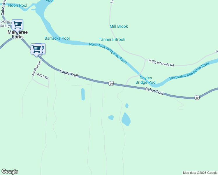 map of restaurants, bars, coffee shops, grocery stores, and more near 7721 Cabot Trail in Margaree Forks