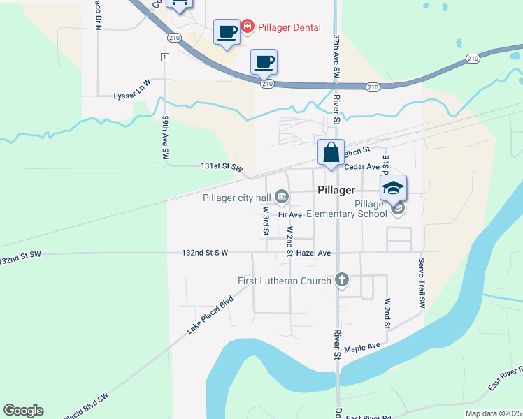 map of restaurants, bars, coffee shops, grocery stores, and more near 324 West 3rd Street in Pillager