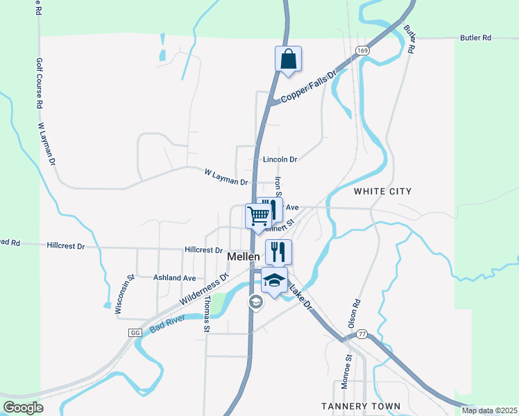 map of restaurants, bars, coffee shops, grocery stores, and more near 128 North Main Street in Mellen