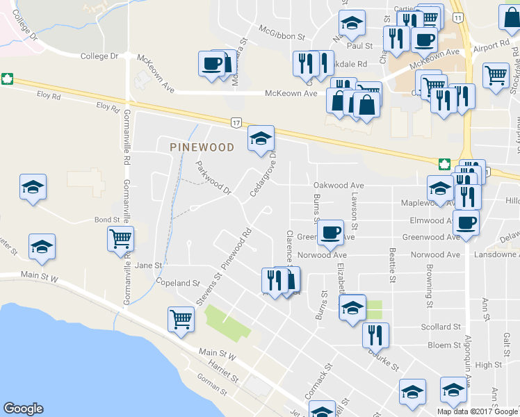 map of restaurants, bars, coffee shops, grocery stores, and more near 944 Pinewood Road in North Bay