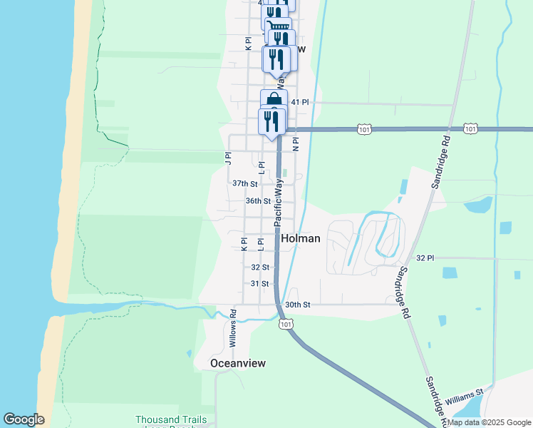 map of restaurants, bars, coffee shops, grocery stores, and more near 3417 L Place in Seaview