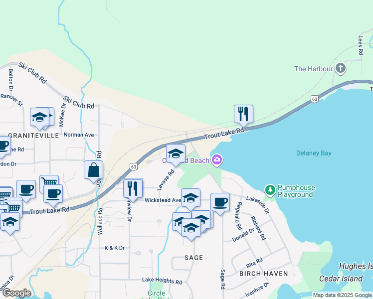 map of restaurants, bars, coffee shops, grocery stores, and more near 105 Lavase Road in North Bay