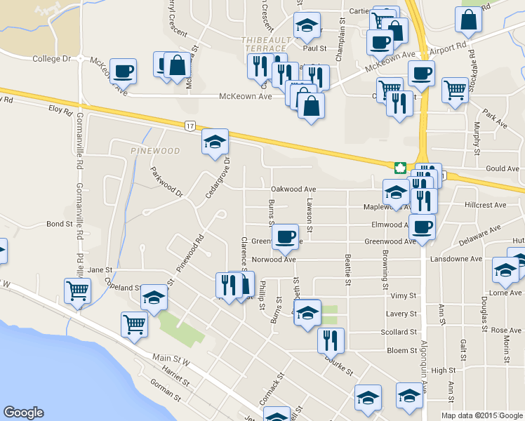 map of restaurants, bars, coffee shops, grocery stores, and more near 551 Maplewood Avenue in North Bay
