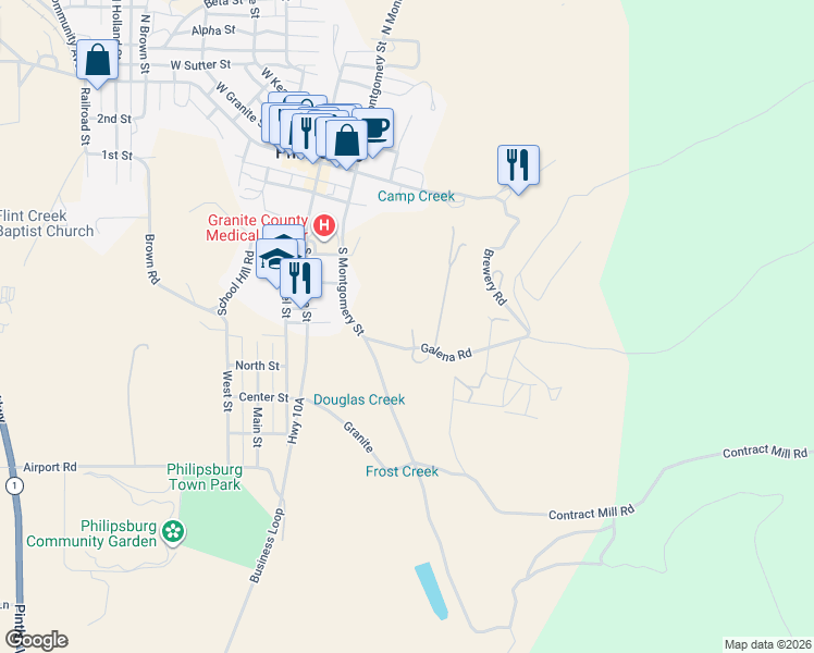 map of restaurants, bars, coffee shops, grocery stores, and more near 416 Caledonia Lane in Philipsburg