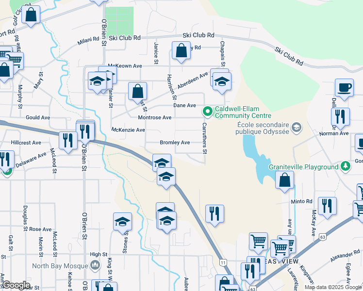 map of restaurants, bars, coffee shops, grocery stores, and more near 619 Bromley Avenue in North Bay
