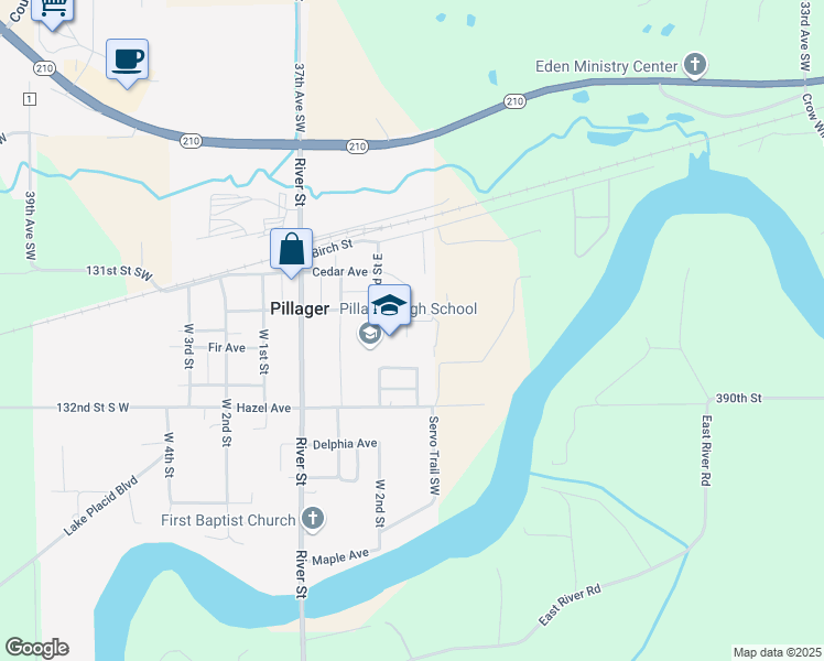 map of restaurants, bars, coffee shops, grocery stores, and more near Virgil Avenue in Pillager