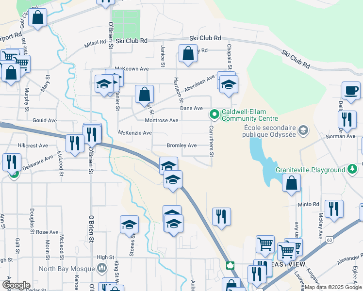 map of restaurants, bars, coffee shops, grocery stores, and more near Bromley Avenue in North Bay