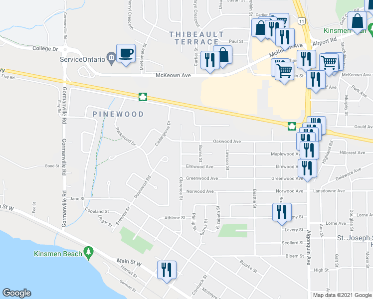 map of restaurants, bars, coffee shops, grocery stores, and more near 551 Maplewood Avenue in North Bay