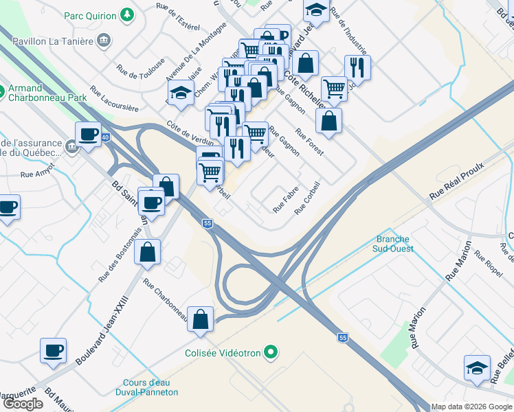 map of restaurants, bars, coffee shops, grocery stores, and more near 6010 Rue Fabre in Trois-Rivières