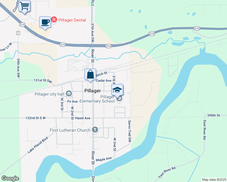 map of restaurants, bars, coffee shops, grocery stores, and more near 371 Pillager Avenue in Pillager