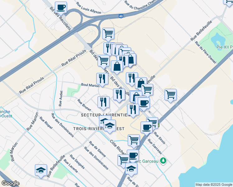 map of restaurants, bars, coffee shops, grocery stores, and more near Rue Voyer in Trois-Rivières