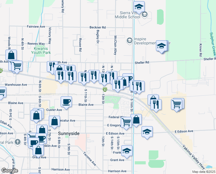map of restaurants, bars, coffee shops, grocery stores, and more near 1300 Yakima Avenue in Sunnyside