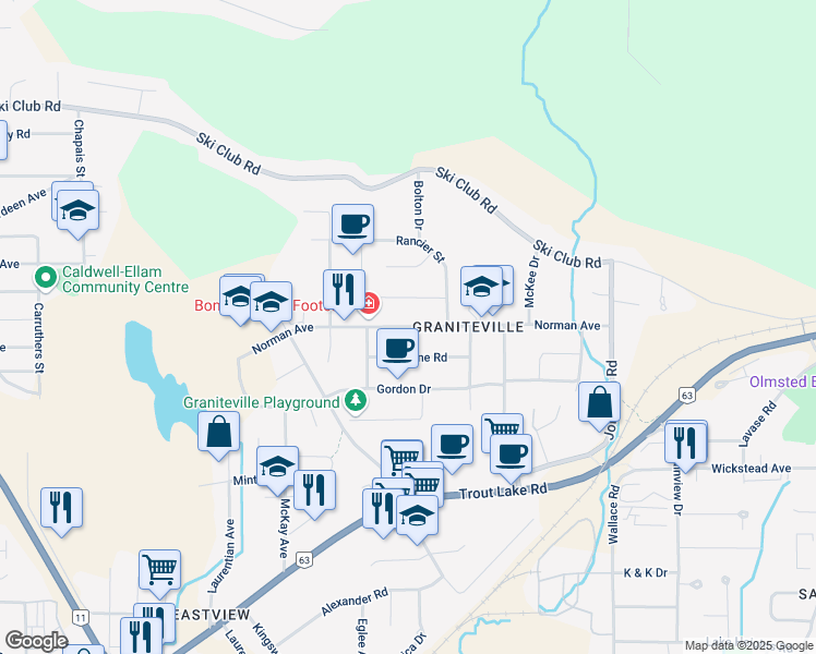map of restaurants, bars, coffee shops, grocery stores, and more near Norman Avenue in North Bay