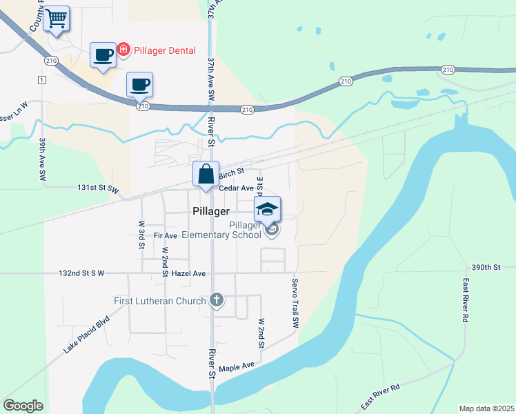 map of restaurants, bars, coffee shops, grocery stores, and more near 371 Pillager Avenue in Pillager