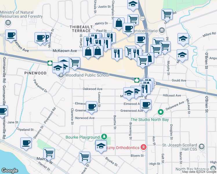 map of restaurants, bars, coffee shops, grocery stores, and more near 342 Oakwood Avenue in North Bay