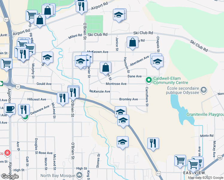 map of restaurants, bars, coffee shops, grocery stores, and more near 1126 Frost Street in North Bay